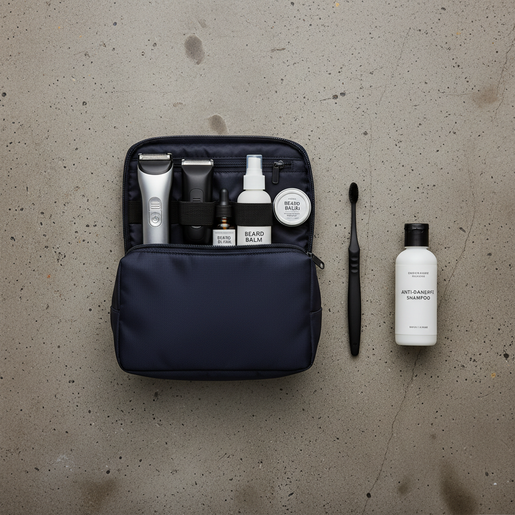 A travel-focused men’s grooming flat lay on a textured concrete surface, captured from a bird’s-eye view. A compact zippered dopp kit made of dark navy ballistic nylon is half-open, revealing a slim electric shaver, a small beard trimmer, a travel-size bottle of moisturizer, and mini vials of beard oil and balm tucked into elastic loops. Next to the kit, a foldable toothbrush and a mini bottle of anti-dandruff shampoo with a plain label sit neatly aligned. Soft, overhead studio lighting minimizes harsh shadows, giving everything a clean, easy-to-scan appearance. The muted, professional color palette of grays, blacks, and deep blues conveys practicality and reliability, supporting content about building an efficient, no-nonsense grooming kit for travel or everyday carry.