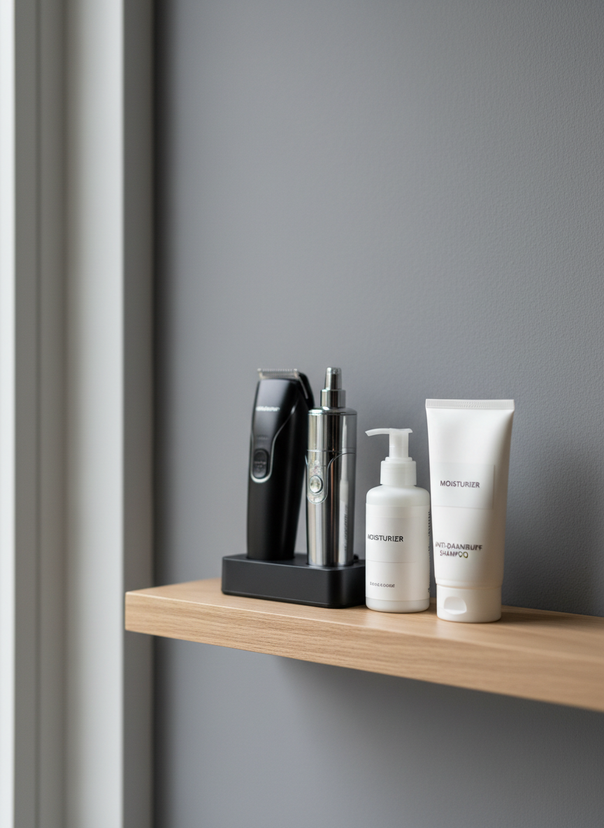 A close-up, eye-level shot of a minimalist bathroom shelf made of light oak wood mounted against a smooth, matte gray wall. On the shelf, a compact black beard trimmer, a streamlined electric shaver, and a chrome nose and ear trimmer stand upright on a simple docking tray. Beside them, a small pump bottle of moisturizer and a discreet tube of anti-dandruff shampoo with unbranded, plain white labels complete the set. Soft, diffused overcast light from an unseen window washes the scene, creating subtle highlights on the devices’ brushed metal accents. The composition follows the rule of thirds, with sharp focus on the tools and a gentle bokeh in the background, conveying a professional, clutter-free grooming routine.