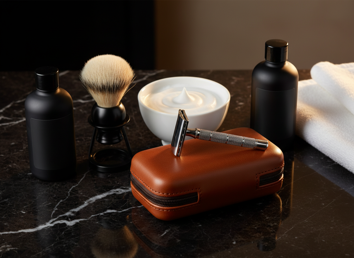 A sleek wet shaving kit displayed on a polished black marble vanity top, photographed from a slightly elevated angle. The kit features an open chrome safety razor laid across a rectangular leather case, a dense synthetic brush standing upright on a small stand, and a ceramic bowl filled with thick shaving cream showing precise swirls. Flanking the kit are a dark glass bottle of pre-shave oil and a matching bottle of aftershave, both with blank, matte labels. A folded white cotton towel and a subtle reflection in the marble add refinement. Warm, directional studio lighting from the right creates defined highlights and clean shadows, emphasizing textures and materials. The mood is masculine, precise, and premium, aligned with a professional men’s grooming product showcase.