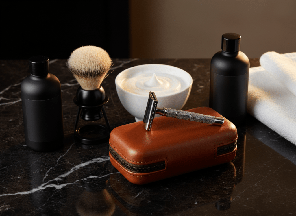 Safety razor, synthetic shaving brush and shaving bowl arranged on a dark vanity