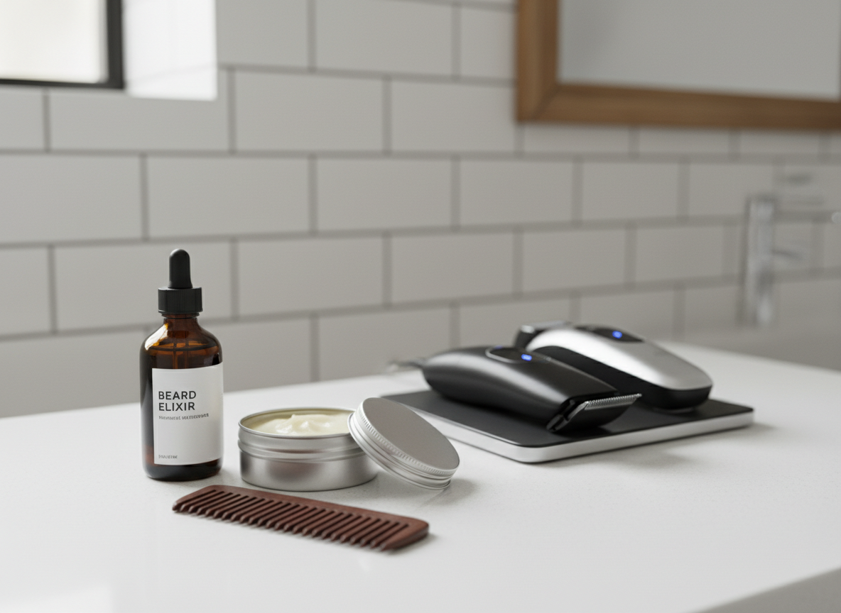 An organized grooming station set up on a matte white countertop, captured in photographic realism from a slightly elevated, three-quarter view. In the foreground, a rugged yet refined beard care lineup: a heavy glass bottle of beard oil with a dropper, a metal tin of beard balm with its lid slightly ajar revealing a buttery texture, and a compact wooden comb with fine teeth. In the midground, a cordless beard trimmer and electric shaver lie parallel on a slim charging mat, their LED indicators softly glowing. An unfocused background suggests a tiled wall and a simple mirror frame without reflection detail. Neutral daylight from an unseen window casts even illumination, generating soft shadows. The mood is calm, efficient, and professional, ideal for explaining beard maintenance essentials.