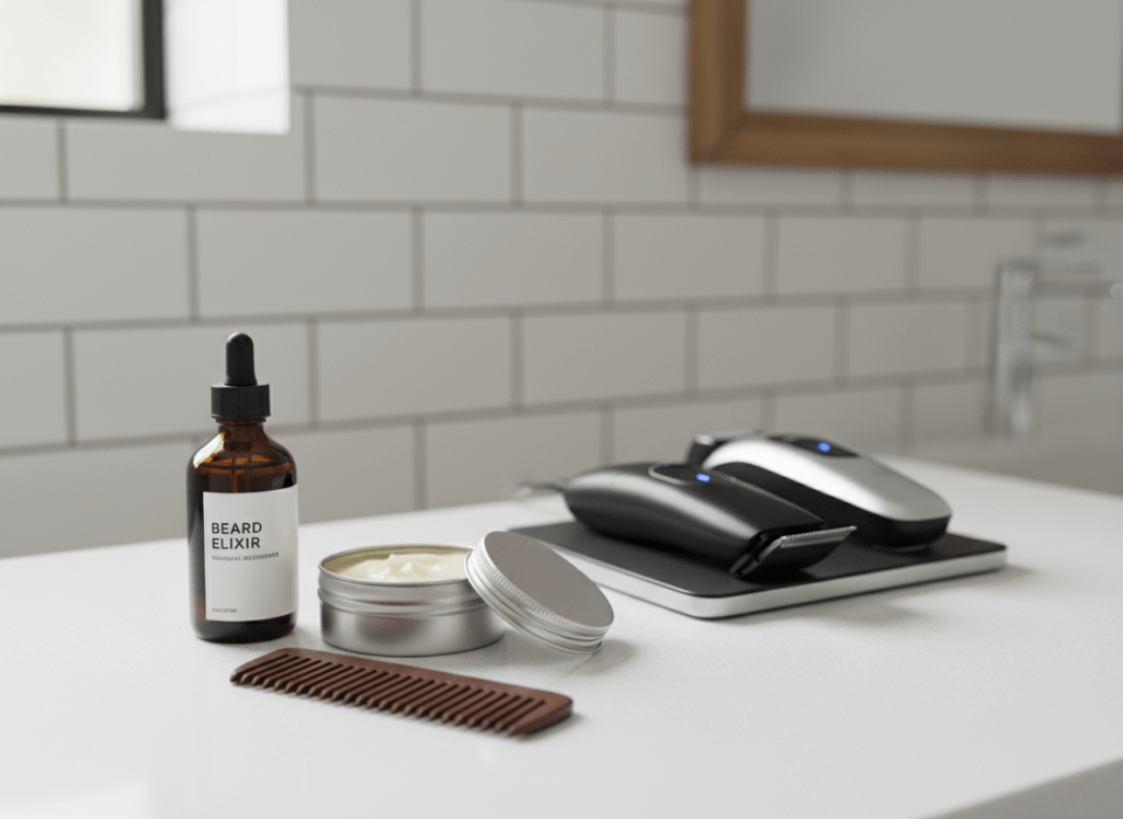 Beard oil, beard balm, wooden comb and grooming tools arranged on a countertop