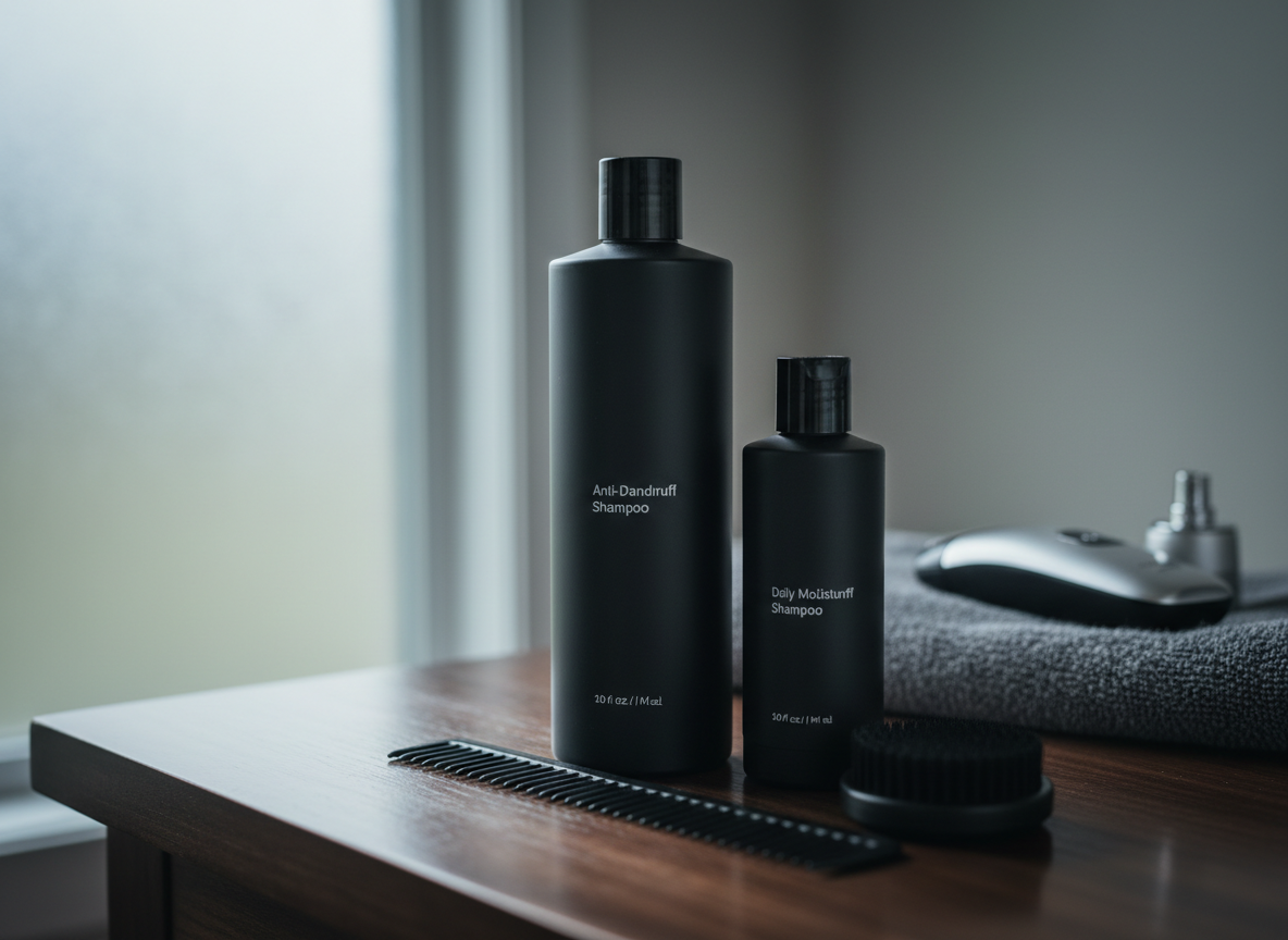 A dedicated hair and scalp care arrangement on a dark wooden bathroom counter, shot from an eye-level perspective with shallow depth of field. In sharp focus, a matte black bottle of anti-dandruff shampoo stands beside a slightly shorter bottle of daily moisturizer, both with simple, unbranded labels and clean typography implied but not shown. A narrow-toothed comb and a small, soft-bristle scalp brush rest diagonally in front, leading the eye into the frame. In the softly blurred background, a closed electric shaver and nose and ear trimmer lie on a folded gray hand towel. Cool, diffused morning light from a frosted window to the side creates a fresh, clinical feel while maintaining warmth through the wood tones. The composition feels straightforward, honest, and no-frills, reinforcing a no-nonsense grooming message.