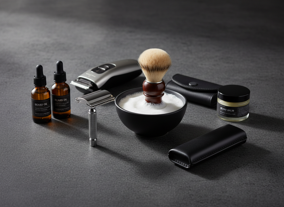 A curated flat lay of premium men’s grooming products arranged on a dark charcoal stone countertop. In the center, an elegant stainless steel safety razor lies beside a handcrafted badger-hair shaving brush resting in a matte black shaving bowl with rich, foamy lather. Around them, neatly aligned beard trimmers, an electric shaver, a sleek wet shaving kit, and small amber glass bottles of beard oil and balm with blank minimalist labels. Soft studio lighting from the upper left creates controlled reflections on metal surfaces and gentle shadows for depth. The background fades into a subtle blur, emphasizing the clean, modern, professional aesthetic suitable for a no-nonsense grooming brand homepage hero image.