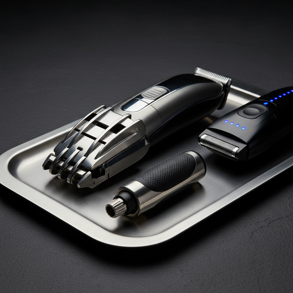 A high-end grooming tools close-up, showcasing engineering detail in photographic realism. On a brushed stainless steel tray, a premium beard trimmer with precisely machined adjustable guard, a compact nose and ear trimmer with rubberized grip, and a streamlined electric shaver with subtle indicator lights are arranged diagonally. Each device is finished in a mix of matte black and gunmetal gray, emphasizing durability. The tray rests on a matte slate surface with faint texture. Dramatic side lighting from the left creates crisp highlights along the edges and controlled specular reflections, while the background falls into deep, soft blur. The mood is technical, precise, and professional, ideal for a product features or comparison page in a men’s grooming context.