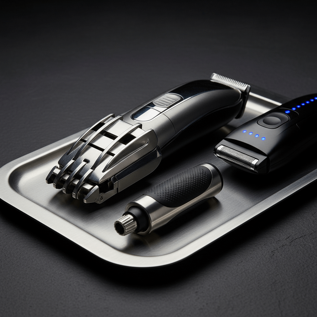 Hair clippers and precision grooming tools arranged on a dark surface